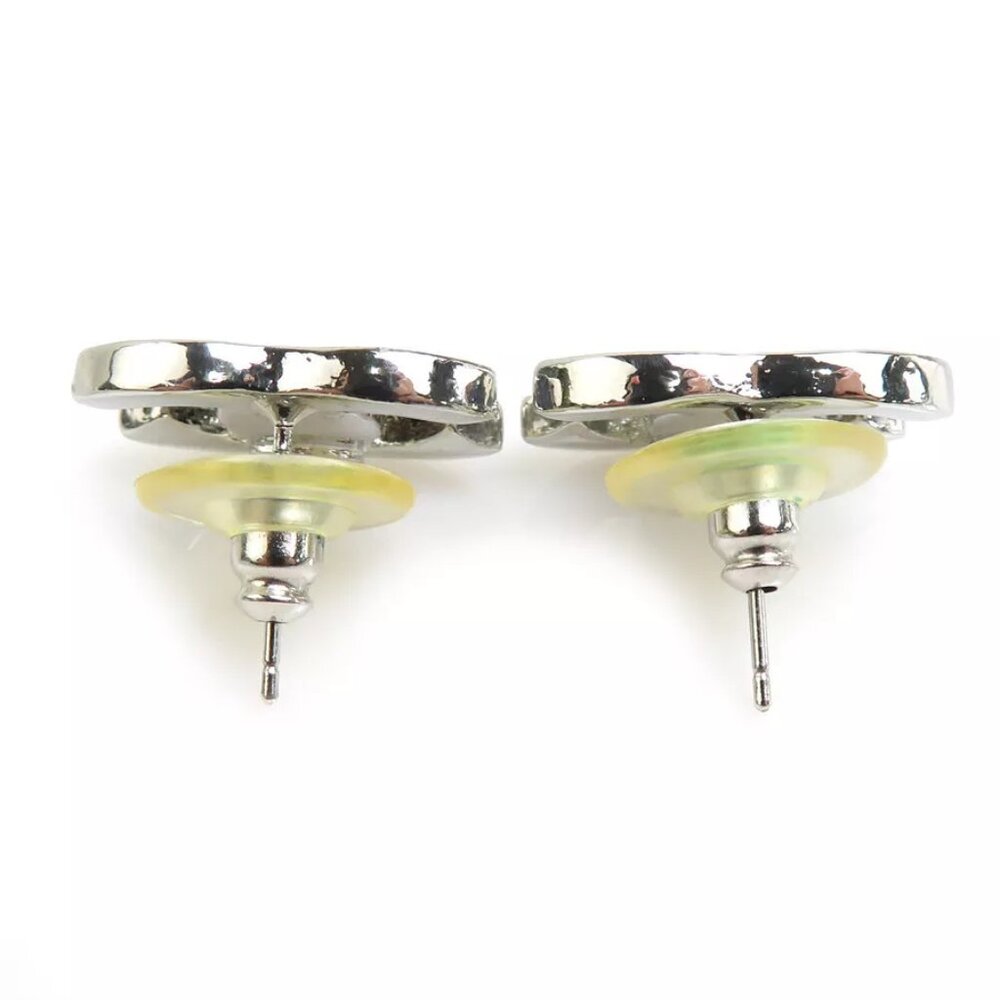 Auth CHANEL CC Logo Pierce Earrings Silver Navy/White - Picture 3 of 8